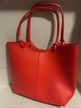 Bright red Neiman Marcus vegan leather tote